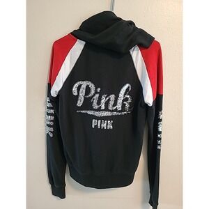 Victoria's Secret PINK Sequins Bling Full Zip Hoodie Black Red White‎ Sz Small